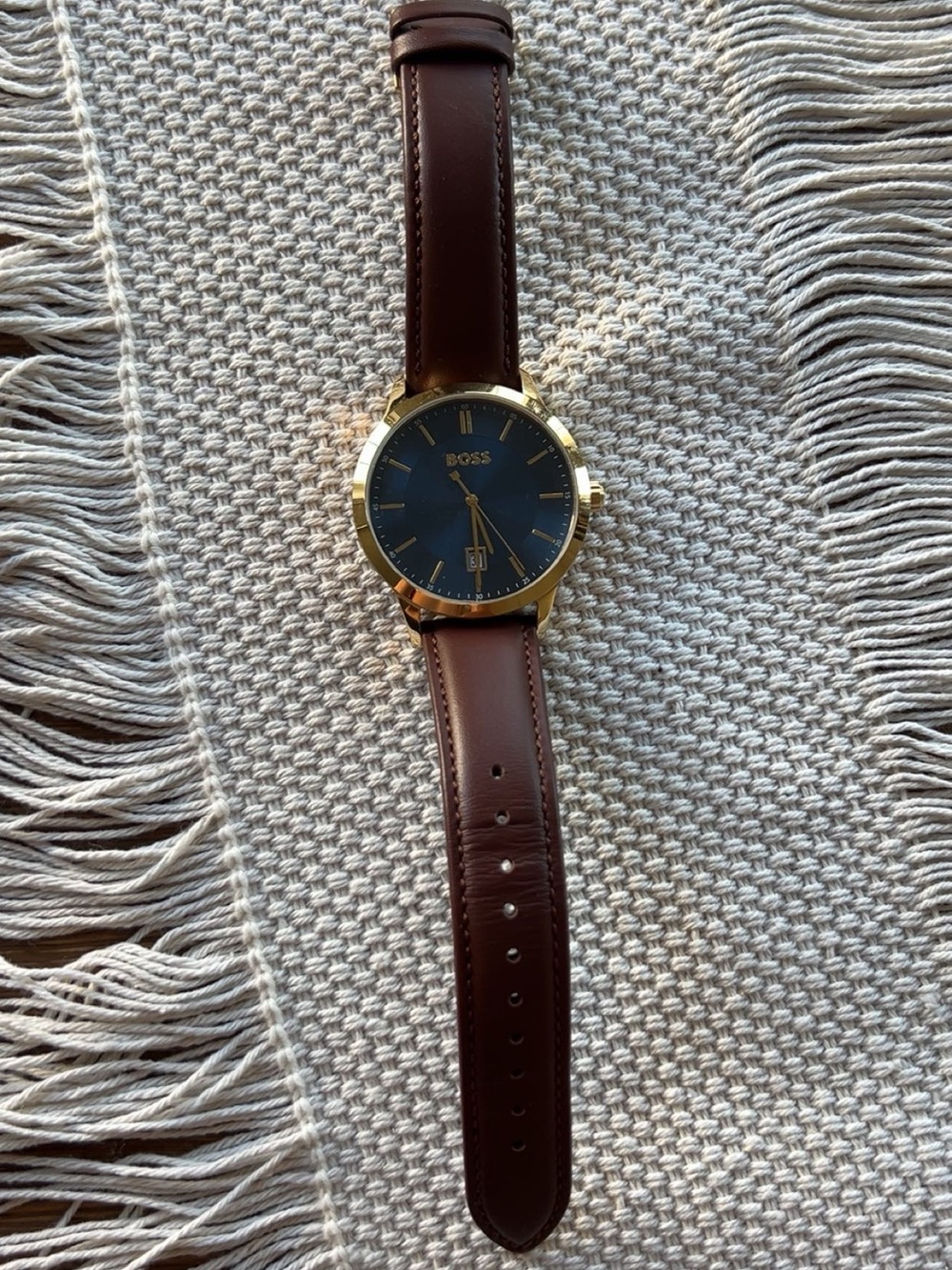 Boss Men's Gold-Tone Case Blue Dial Brown Leather Strap Watch - Picture 4 of 4